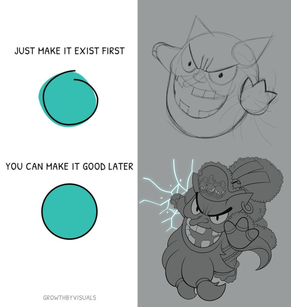 just make it first, you can make it good later meme template with a sketch of gengar and a line art version of a gengar x blackbeard mashup