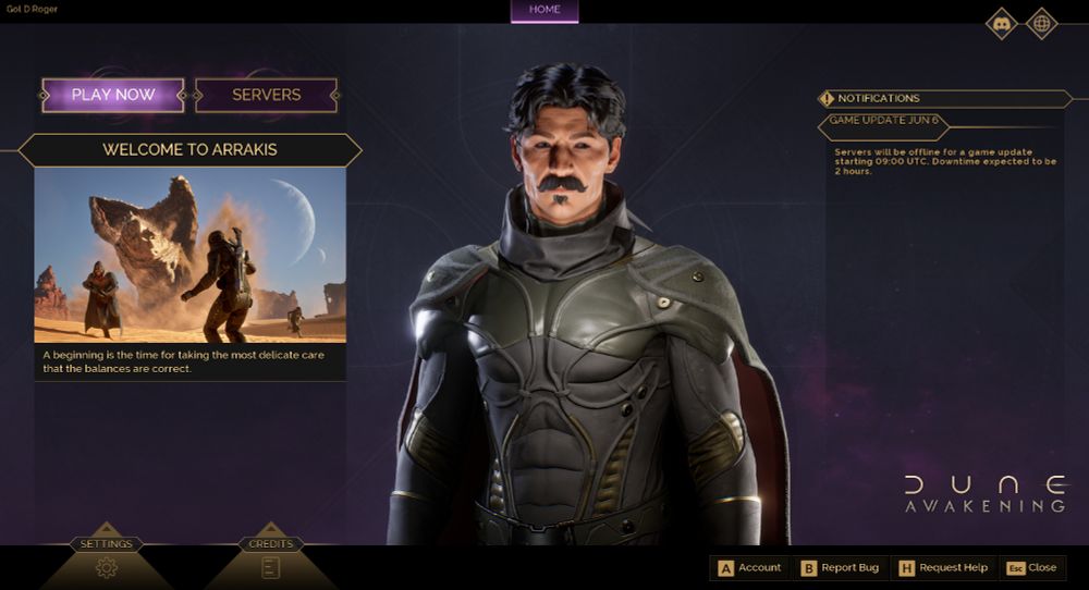 Dune: Awakening main menu with a dapper gentleman in Sardakar attire