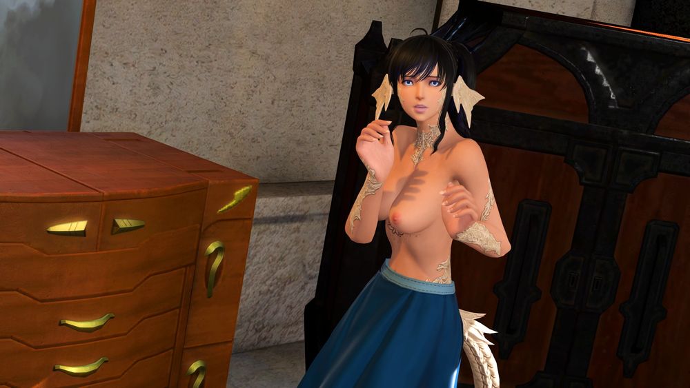 An au ra from FFXIV wearing only a blue skirt. She looks surprised, and you can see a glimpse of a tattoo below/between her chest