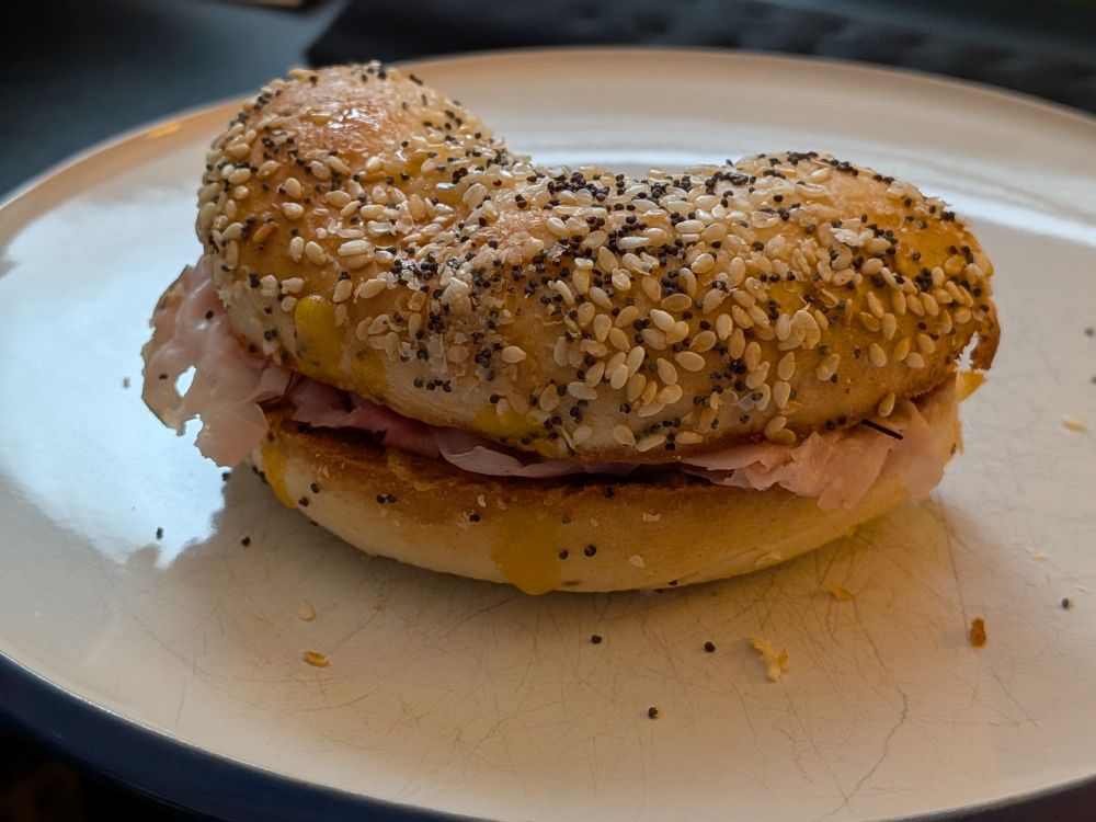 Please see a perfectly toasted everything bagel, smeared with Kerry Gold butter and grainy Dijon mustard, each side topped with a layer of melted old orange cheddar and filled with shaved (has to be shaved) black forest deli ham. 