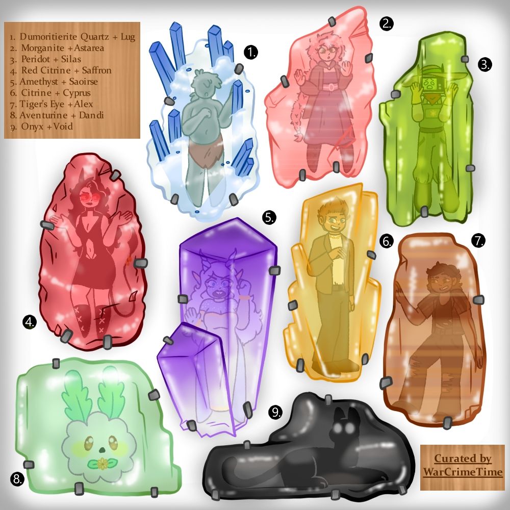 Various OCs trapped in different crystals