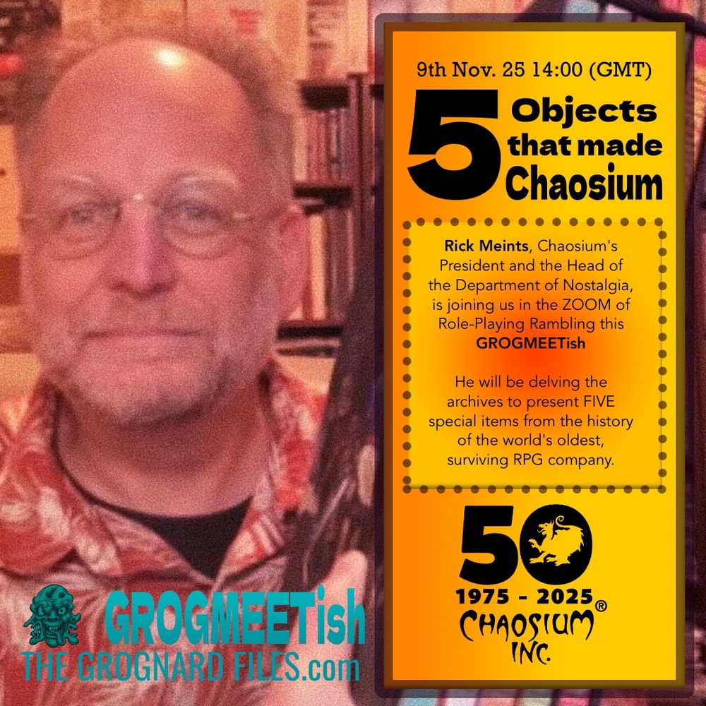 Photo of Rick Meints in his study. The logo of 50 Years of Chaosium Inc. 1975- 2025. 