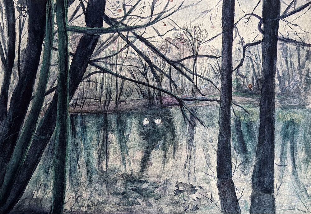 Watercolour painting of two swans on a lake, surrounded by bare trees.