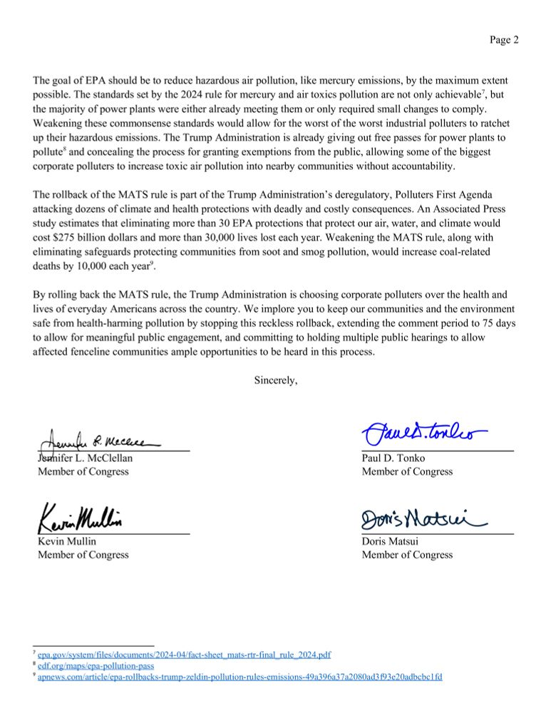 Second page of letter to EPA Administrator Zeldin about the EPA’s proposal to weaken MATS. Signatures of Rep. McClellan and Rep. Tonko are present.