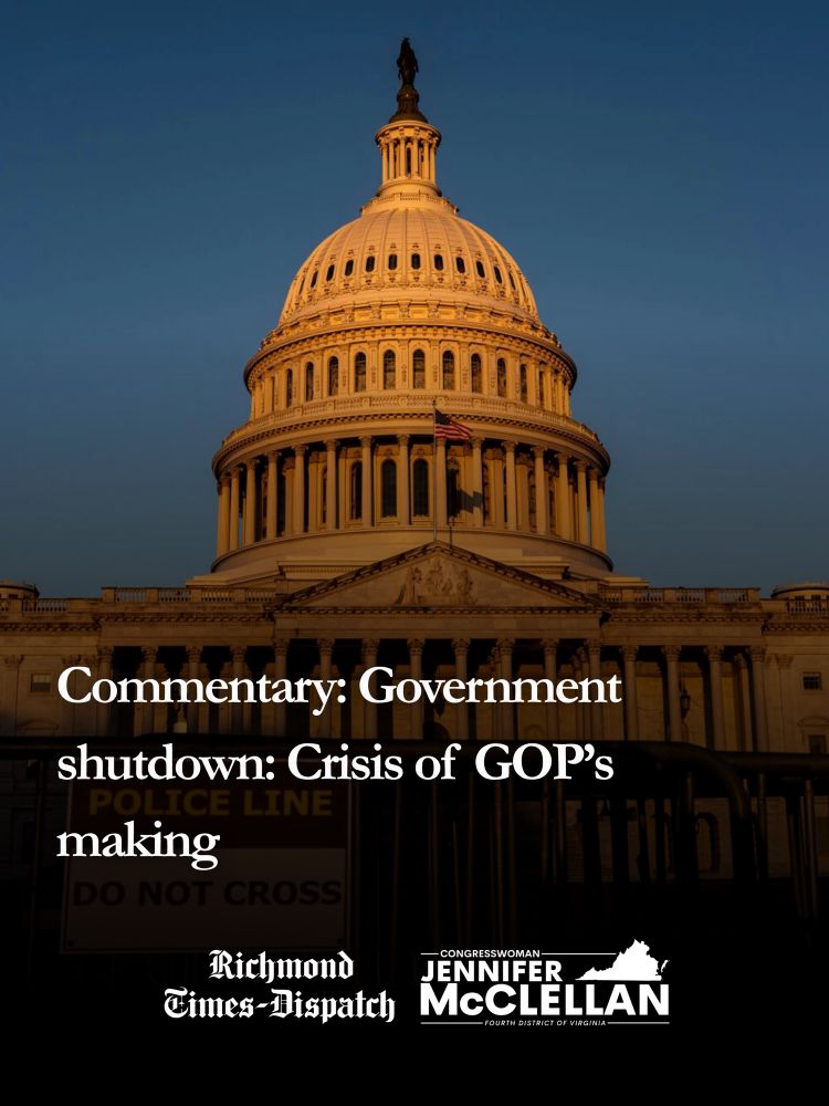 Graphic of Rep. McClellan’s op-ed published in the Richmond Times-Dispatch. Background is photo of Capitol. Text reads, “Commentary: Government shutdown: Crisis of GOP’s making.” Logos of RTD and Rep. McClellan are present.