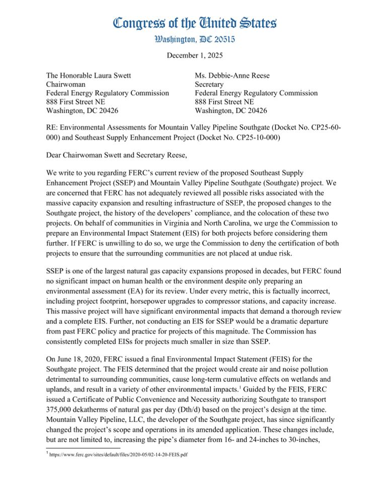 Page one of letter demanding that FERC thoroughly review the environmental impacts of these projects before advancing them.