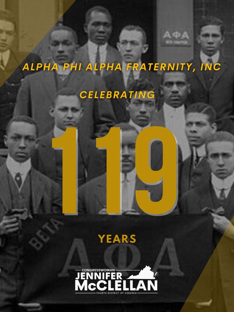 Graphic. Background is photo of Alpha Phi Alpha brothers holding up a banner. Text reads, “ALPHA PHI ALPHA FRATERNITY, INC: CELEBRATING 119 YEARS.” Logo of Rep. McClellan is present.
