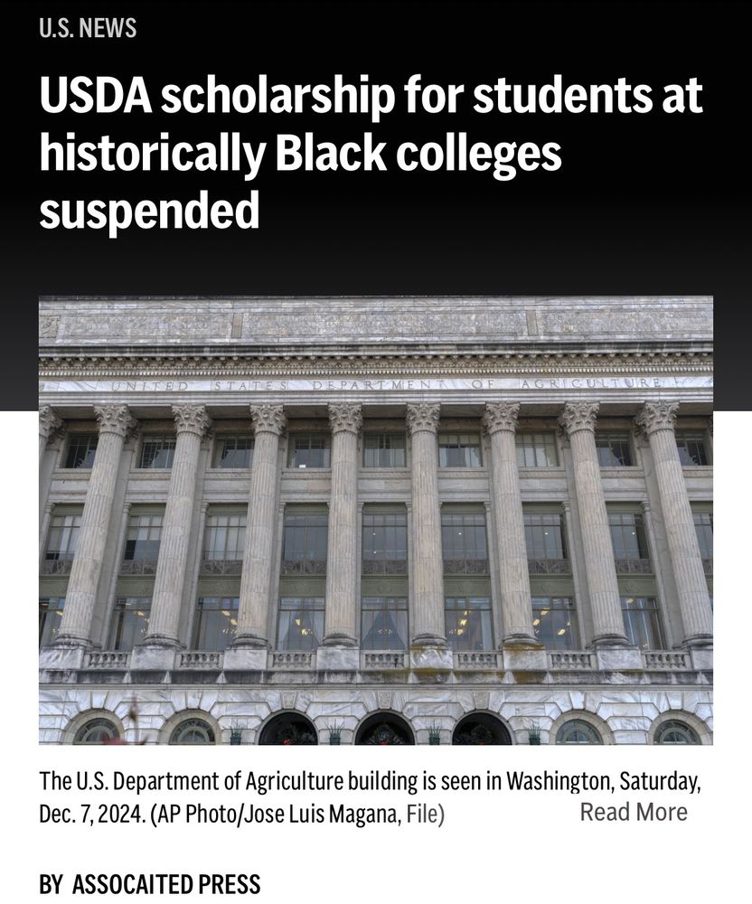 Screenshot of an article from the Associated Press titled, “USDA scholarship for students at historically Black colleges suspended.”