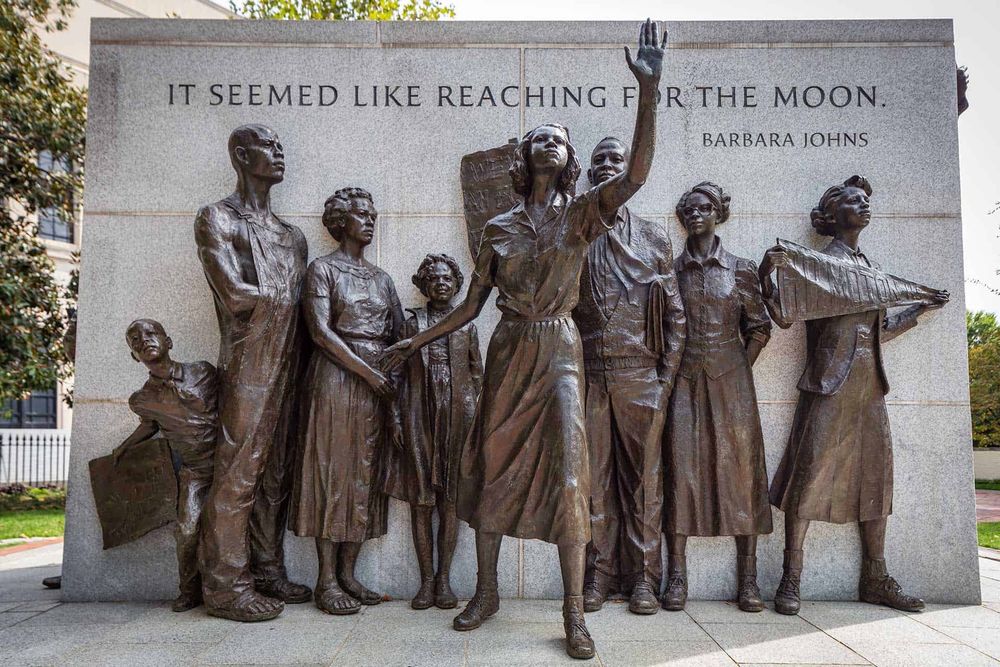 Photo of the Barbara Johns statue at the Virginia Civil Rights Monument in Richmond.