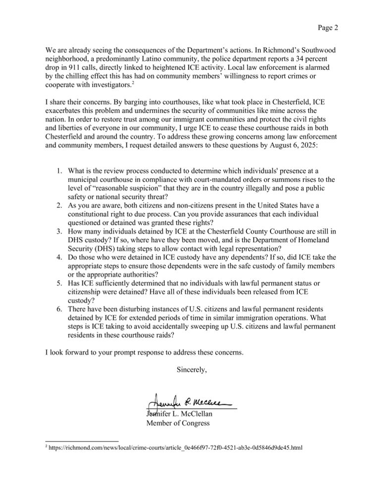 Second page of letter to Secretary Noem and Acting Director Lyons about the Chesterfield County Courthouse ICE raids. Rep. McClellan’s signature is present.