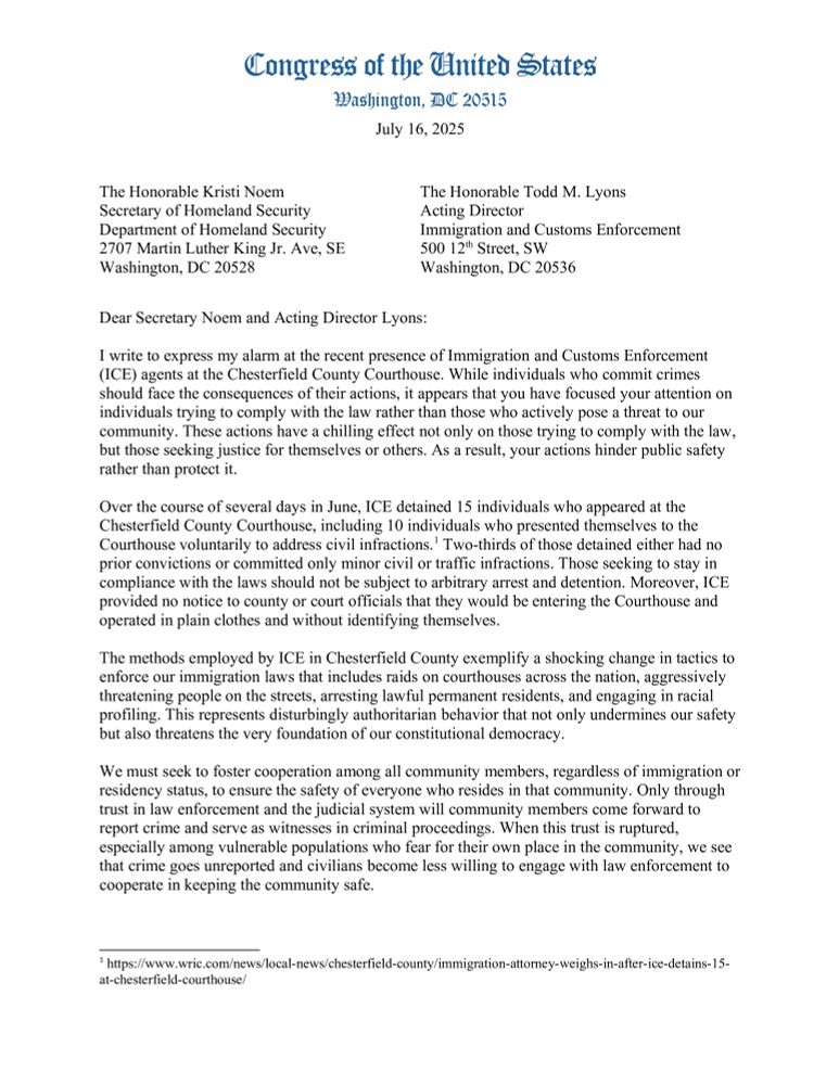 First page of letter to Secretary Noem and Acting Director Lyons about the Chesterfield County Courthouse ICE raids.