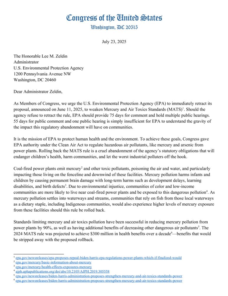 First page of letter to EPA Administrator Zeldin about the EPA’s proposal to weaken MATS.