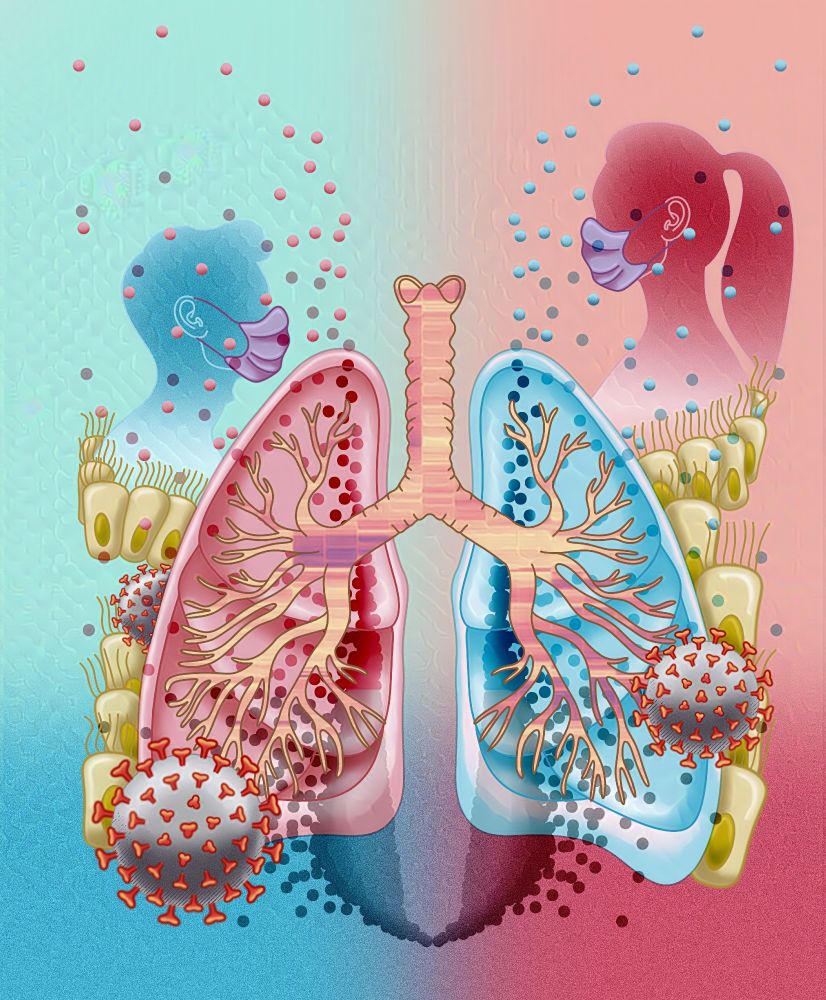 Illustration of lungs, half is red and other half is blue. The patients in the background are also either blue or red. The lungs is surrounded by epithelial cells and #SARS-COV2. A volcano plot is emerging out from the centre #sciart #Scicomm #medsky #Biosky #COVID
