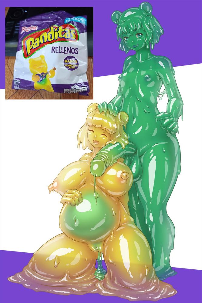 Two slime beings with panda features inspired in a gummy bear brand that features a mango flavored bear stuffed with kiwi and apple. In the image, the "mango" flavored panda is sitting on it's knees, happy and stuffed with a green substance, giving her a pregnant look. Standing next to her and holding his enormous penis next to her face, a kiwi-apple femboy with big hips.