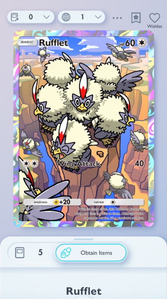 pokemon pocket tcg full art card of rufflet showing a bunch of rufflets roosting in a canyon. i have 5 of them