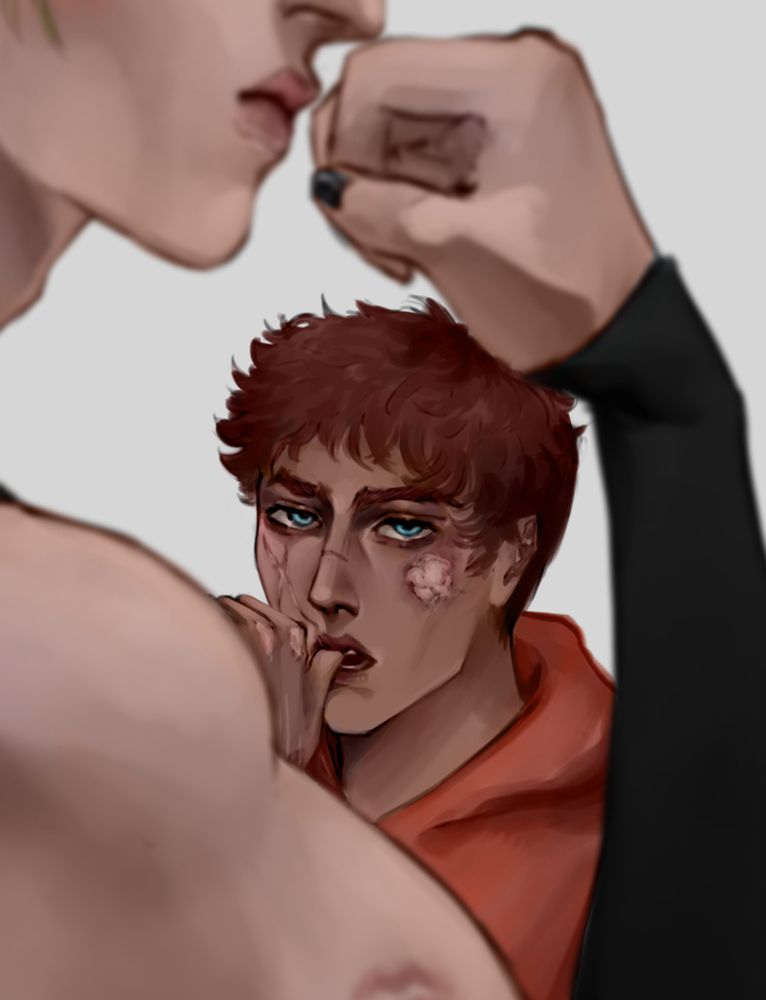 Digital drawing of Neil Josten staring at Andrew Minyard through a gap in his bent arm. Andrew is in the foreground and out of focus, Neil is the focus of the drawing and is clear. Neil is biting his thumb. 