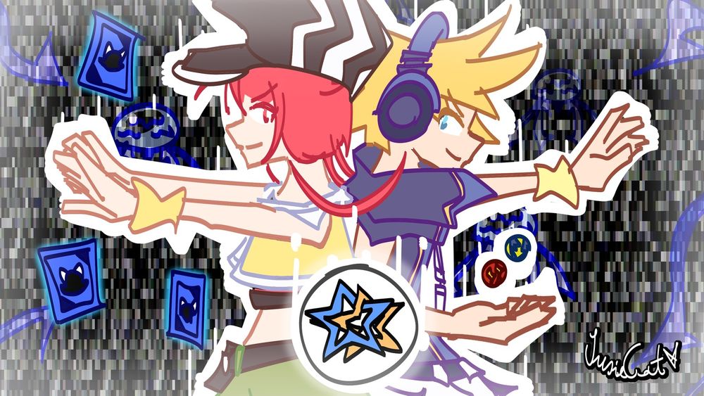 Neku & Shiki fighting together, surrounded by jelly noises.