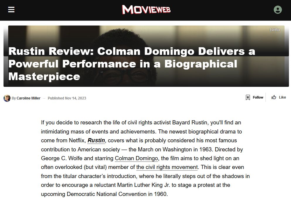 A screenshot from Movieweb.com featuring the headline "Rustin Review: Colman Domingo Delivers a Powerful Performance in a Biographical Masterpiece" by Caroline Miller.