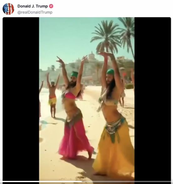 Bearded female belly dancers on a beach in a screengrab from Trump's insanityfest of a video apparently showing his glorious vision for Gaza.