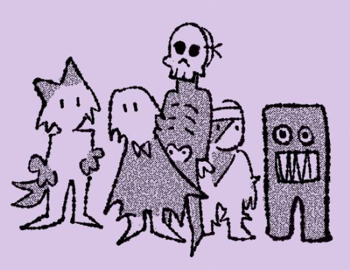 A simplified of the costumed kids standing with Fuwatty