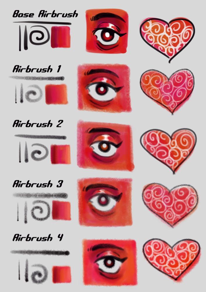 A sample demonstration of 5 digital brushes, presenting them as straight lines, spirals, shading samples, eyes, and hearts decorated with spirals. The brushes are named: Base Airbrush, Airbrush 1, Airbrush 2, Airbrush 3 and Airbrush 4.