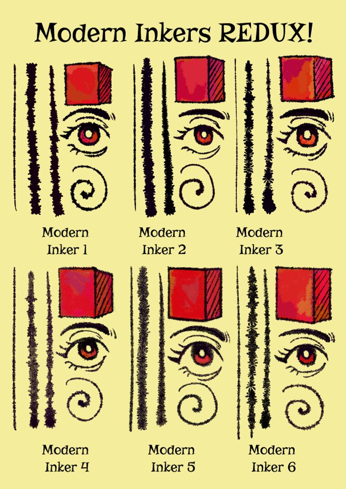 A sample demonstration of six brushes, showing them as straight lines, cubes, eyes and spirals. The brushes are named: Modern Inker 1, Modern Inker 2, Modern Inker 3, Modern Inker 4, Modern Inker 5 and Modern Inker 6.