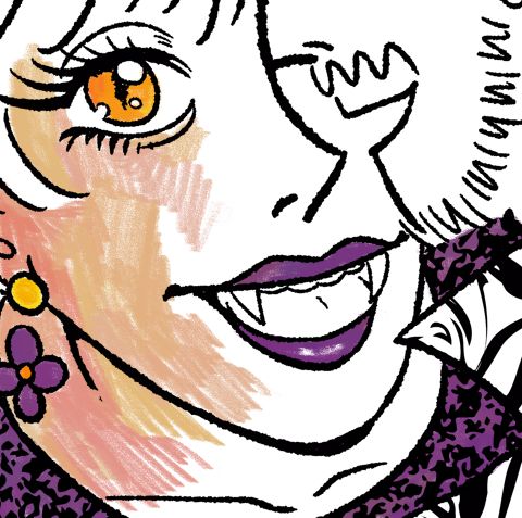 A drawing of a fashionable vampire woman about to bite a man. Most of the image is in black and white, with her eye, clothes and skin partially colored with pencils.