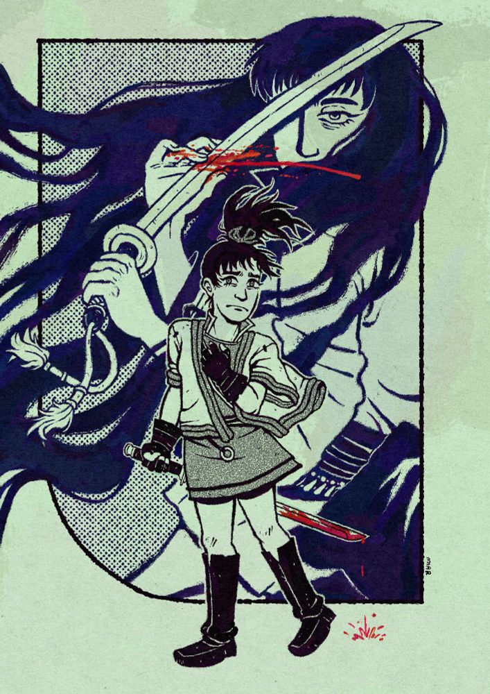 An illustration of Fir and Karla from the Fire Emblem series, colored with black, dark blue, white and a little bit of red. Fir is on the front standing up, colored in black, holding a sword behind her that is drenched in blood that drips to the ground. Her left hand is grasping her chest, and her clothes and hair swayed to her left by the wind. Her face is one of doubt and sadness. Behind her, contained in a large frame, Karla looks to her right, most of her face covered by hair and her sword save for her left eye. She raises her sword upwards and out of the frame, holding it with her left hand while her right hand touches the blade, spraying blood to her left. Her long hair flows out of the frame and the picture itself, swayed to her right by the wind.