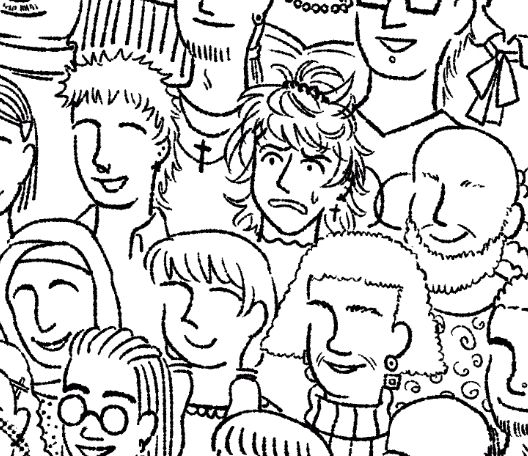 A black and white drawing of a crow, everyone looking placid and smiling, having no eyes, except for one person with eyes, who looks distressed.