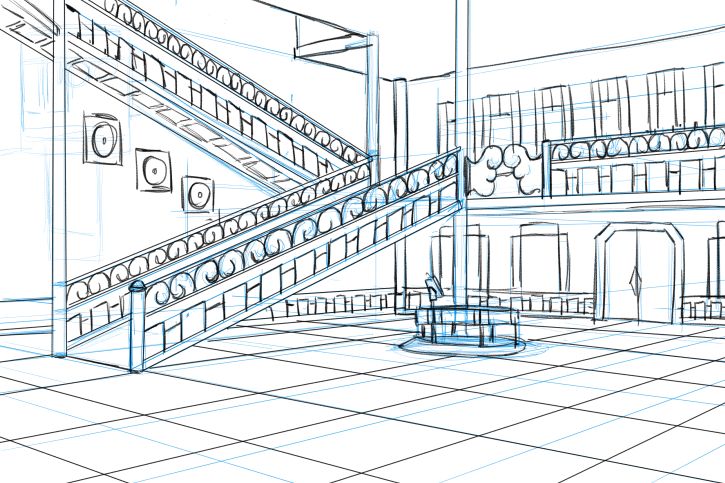 drawing of main entrance to an art deco inspired building. Because the owner of the home has prosthetic legs, there is a ramp instead of stairs and a small elevator. 