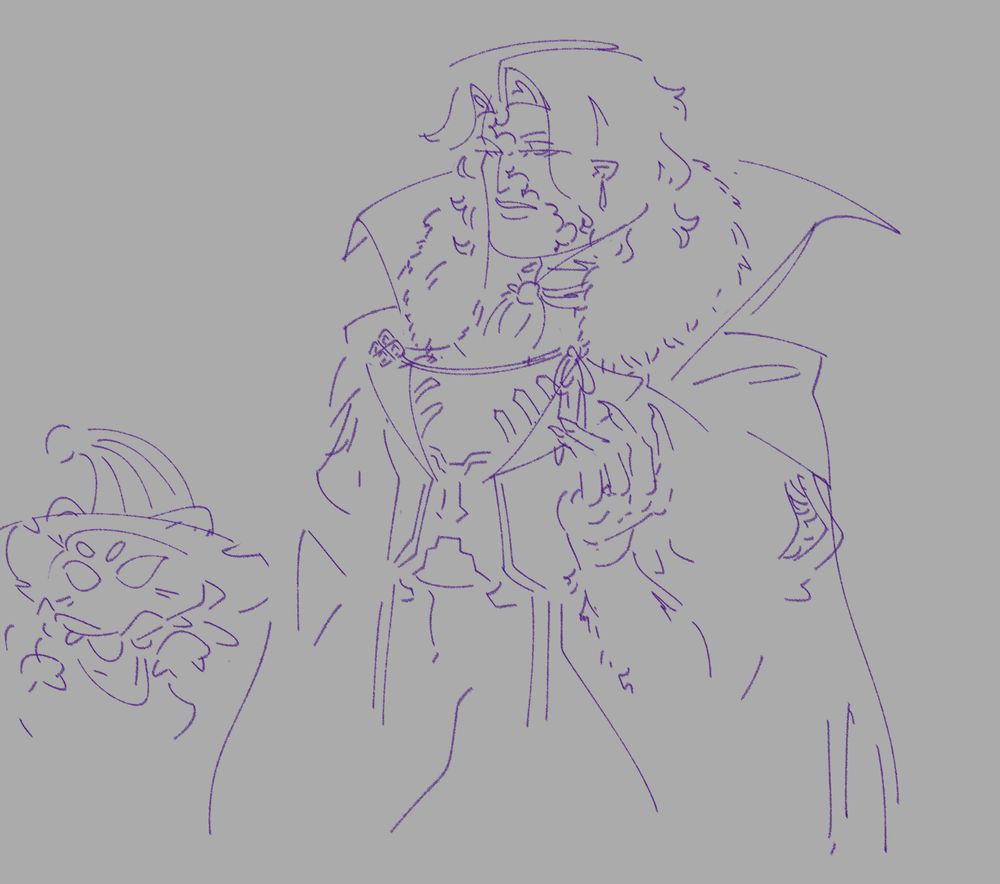 Simple line sketch of Maidos, wearing the masculine Demonlord outfit from Iceborne. Yogin, in the Mossgharl Palico outfit, is noticable on his left. The drawing is left rather abstract beyond the main focus of the armor, the dracula-inspired coat and cloak.