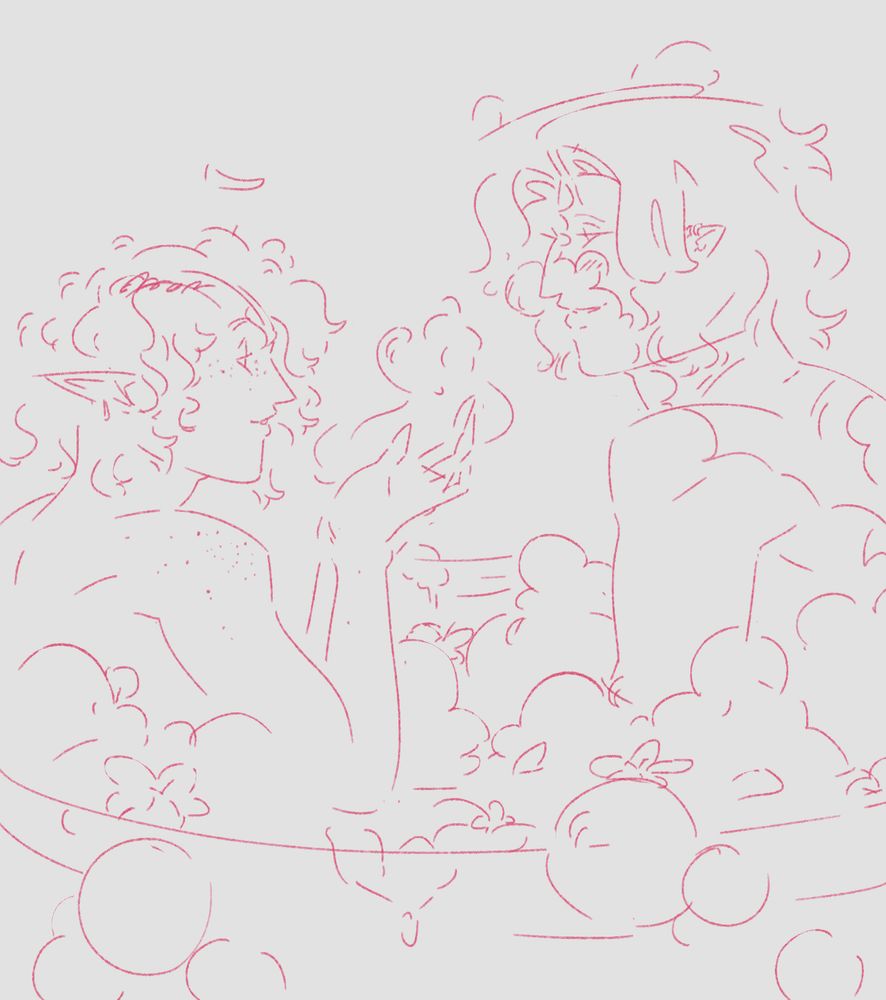 Rathal and Maidos sitting in a bubble bath together. Rathal is blowing bubbles into Maidos' face and they getting stuck to him. Both look happy and Maidos has a slight blush, smiling.