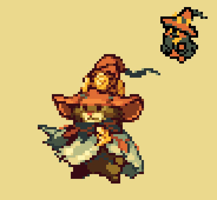 Two pixel art sprites of the character Rove from monster hunter wilds. The larger one, in the center — has him wistfully staring off while his cape flows in the wind. The smaller sprite in the top corner is far more robust, reminiscent of original final fantasy Black Mage sprites. 