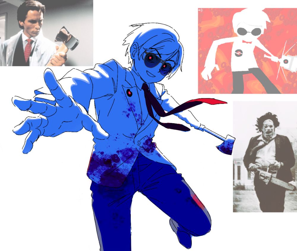 3/4 portrait of yi xi, depicted as a short haired woman wearing sunglasses and a blood-splattered suit. she’s holding an axe in one hand and reaching toward the viewer in the other. off to the side are reference images for the character drawing, depicting notable cannibal and/or murderer characters in media; left to right clockwise: Patrick Bateman from American Psycho, Dave Strider from Homestuck, and Leatherface from Texas Chainsaw Massacre