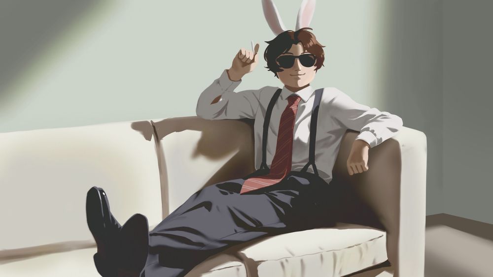 a redraw of a still of Patrick Bateman from American Psycho. The character, Michael, is sitting on a white couch, legs extended. he wears a suit, sunglasses, and holds a cigarette in his right hand. he has short brown hair and a pair of white bunny ears on his head.