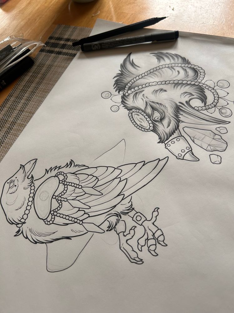 Pen and colored pencil illustration on paper of two crows, one crow with a full body wearing jewelry and another of a crows head wearing jewelry and reaching for a gem with his open beak