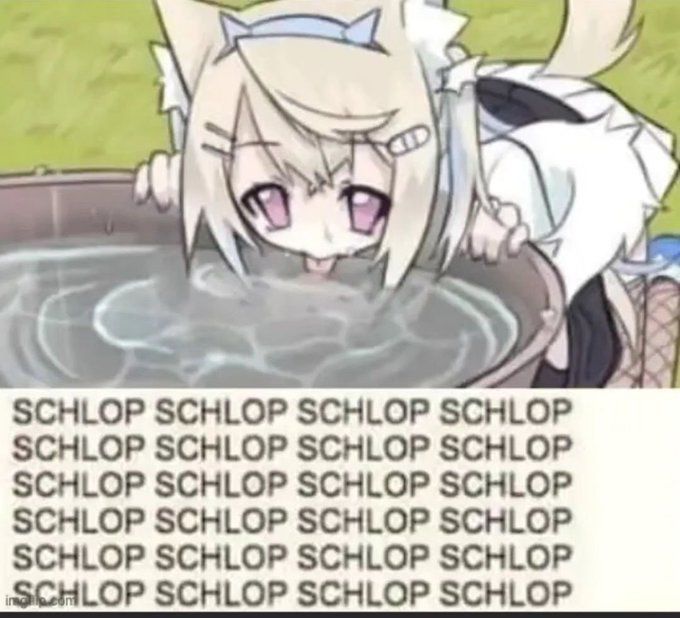 What looks like a foxgirl, drinking water from a large bucket. Below is a caption, simply repeating the onomatopoeia "SCHLOP".