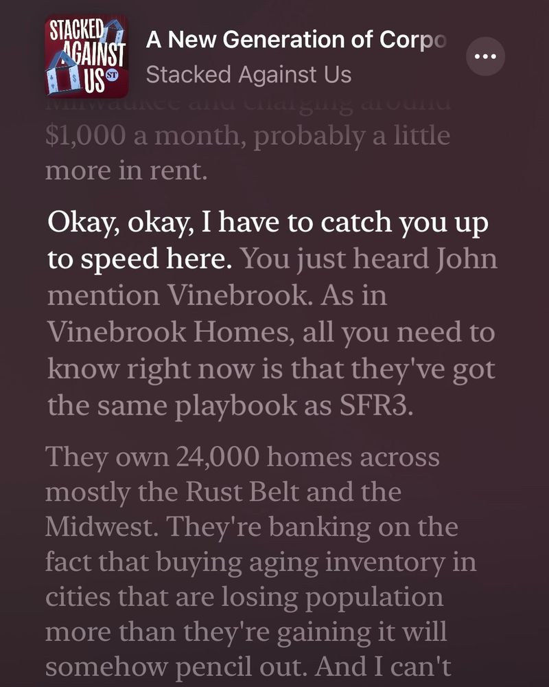 Screenshot of the Apple Podcasts transcript of Stacked Against Us. These words are highlighted: Okay, okay, I have to catch you up to speed here.