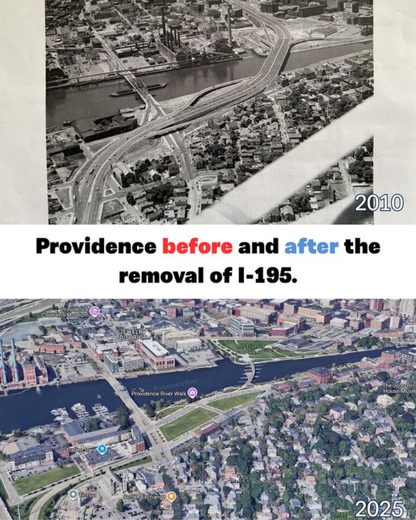 Before and after photo of Providence in 2010 with I-95 running through it, and in 2025 when I-95 was rerouted. 