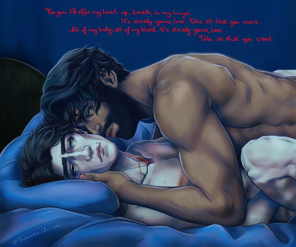 Vampire Jayce is lying on top of Viktor, having clearly taken some of his blood, since it's still running down Viktor's neck. They're both nude, ahem. Jayce is holding Viktor's face tenderly, running his nose along his jaw. Both look very into it.
There are lyrics in one part of the artwork: "For you I'd offer my heart up, breath in my lungs. It's already yours, love. Take all that you want. All of my body, all of my blood. It's already yours, love. Take all that you want." - from the song "All That You Want" from Sød Ven