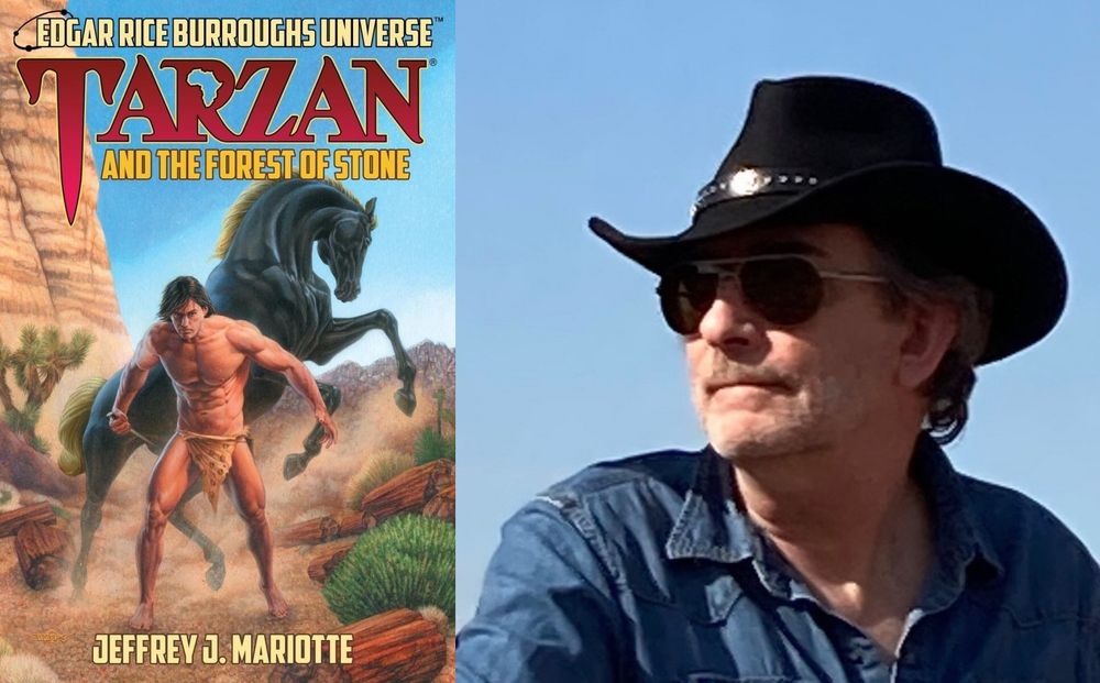 Cover of Tarzan and the Forest of Stone next to an author photo of Jeffrey Mariotte. He is wearing a black cowboy hat.