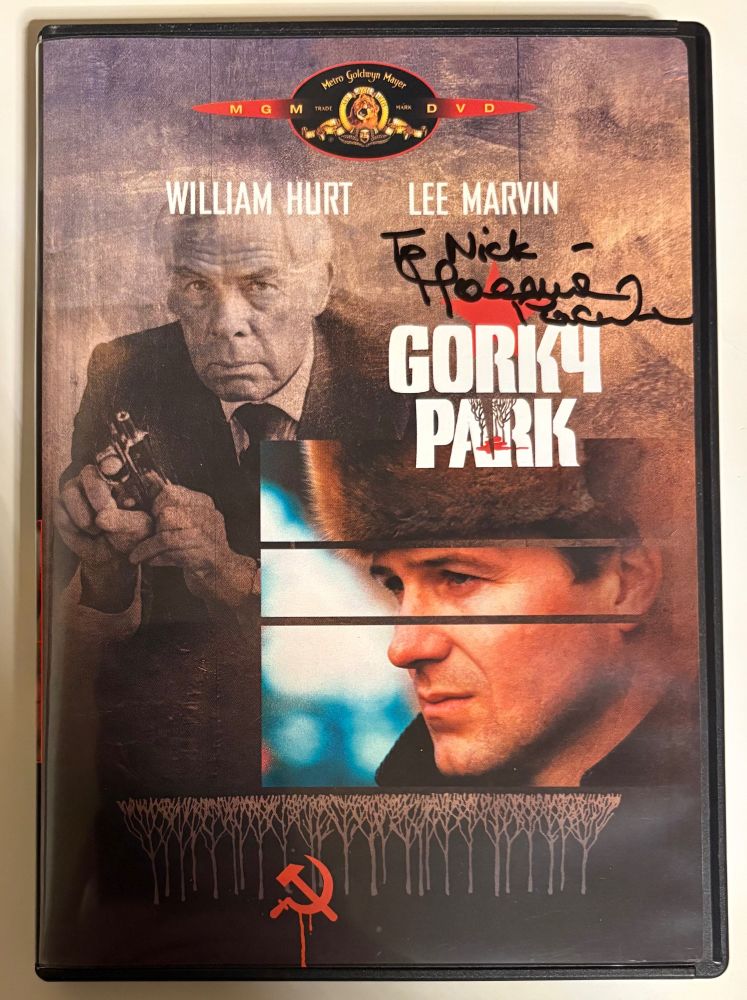 DVD of Gorky Park. It has William Hurt in the front and Lee Marvin with a revolver in the background. In black ink it is signed to nick - Joanna Pacula. 