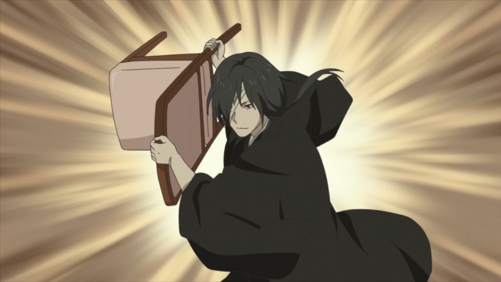 screencap of character matoba seiji holding a chair, running with great speed to attempt to break a window
