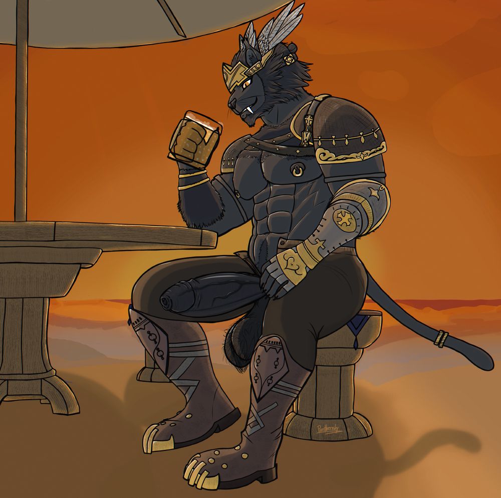 A muscular anthro cat man wearing some armor, sitting on a wooden chair/stool kind of thing at the beach while drinking a beer. His pants are open. His cock is out. He is horny. Oh no. 