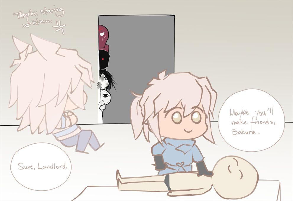 Chibified art of Bakura Ryou non-graphically processing a body, saying Bakura might make friends here. Bakura isn't convinced and, much to his annoyance, spots the four demons in the background staring at Ryou.