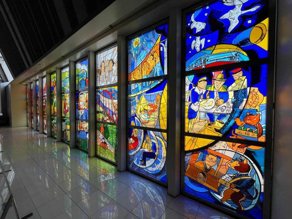 Stained glass windows about trains!