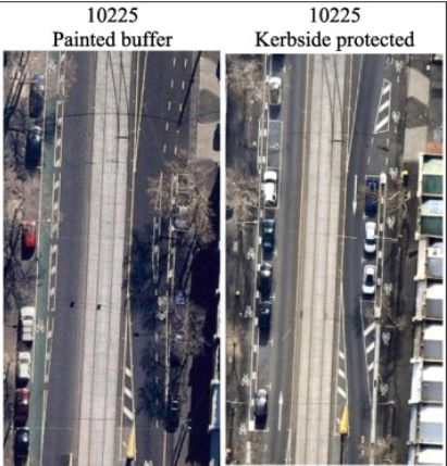 Satellite photos of painted bike lanes before upgrades, and an 'after' image of the bike lane moved between the parked cars and the sidewalk/footpath.