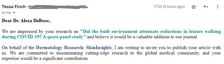 Spam email asking me to submit a paper to 'Dermatology Research: SkinInsights'