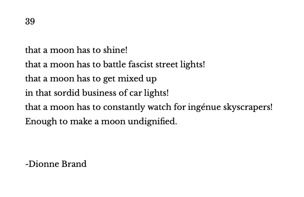 39
 
that a moon has to shine! 
that a moon has to battle fascist street lights! 
that a moon has to get mixed up 
in that sordid business of car lights! 
that a moon has to constantly watch for ingénue skyscrapers! 
Enough to make a moon undignified.

-Dionne Brand 
