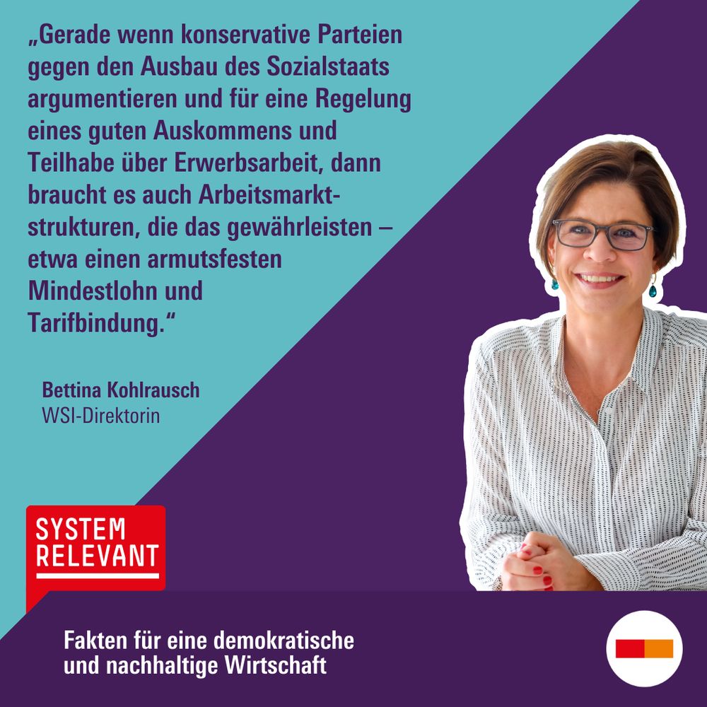 „Gerade wenn konservative Parteien gegen den Ausbau des Sozialstaats argumentieren und für eine Regelung eines guten Auskommens und Teilhabe über Erwerbsarbeit, dann braucht es auch Arbeitsmarktstrukturen, die das gewährlisten – etwa einen armutsfesten Mindestlohn und Tarifbindung“, sagt Bettina Kohlrausch, WSI-Direktorin.